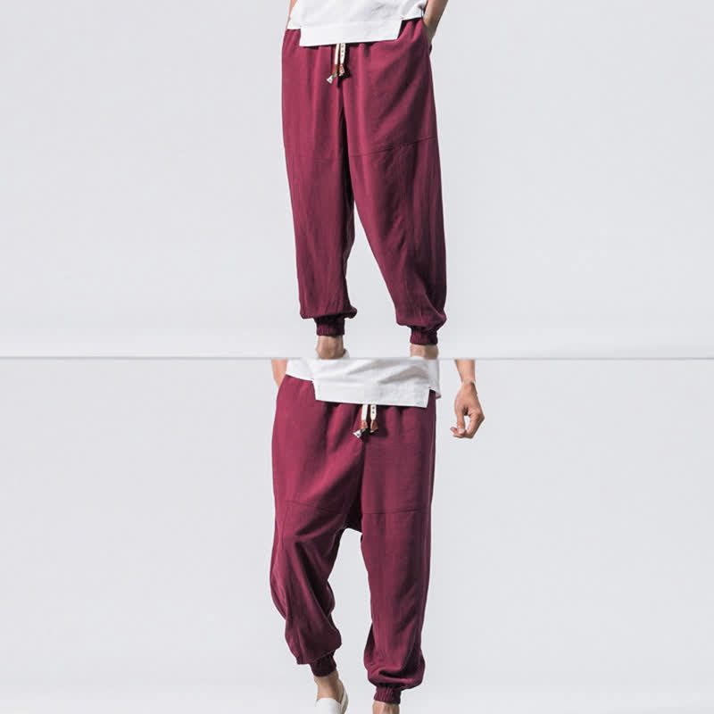 Pantaloni harem da uomo Buddha Stones, semplici, in cotone, con coulisse e tasche. - image 9