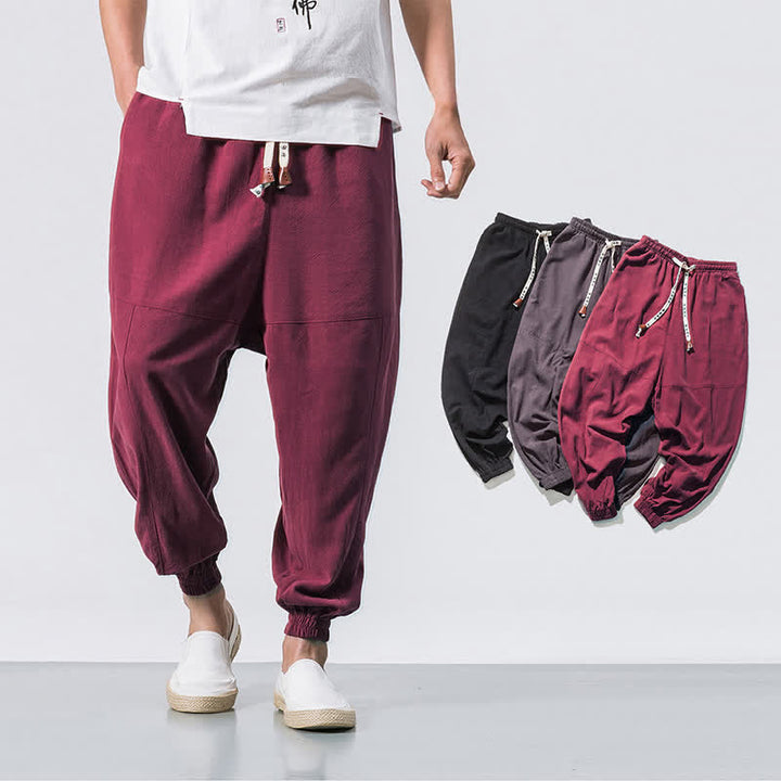 Pantaloni harem da uomo Buddha Stones, semplici, in cotone, con coulisse e tasche. - image 8