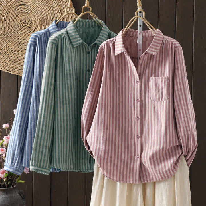 Buddha Stones Camicia da donna in cotone con bottoni e maniche lunghe a righe verticali primaverili e tasche decorative - image 7