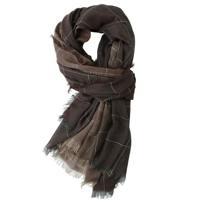 Sciarpa da uomo con nappe e griglia scura a tema Buddha Stones per autunno/inverno. - Marrone sella - image 7