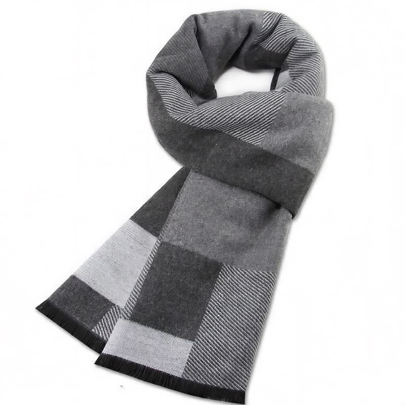 Sciarpa rettangolare da uomo con motivo a quadri e nappe, classica, autunno/inverno, con Buddha Stones. - Grigio chiaro - image 12