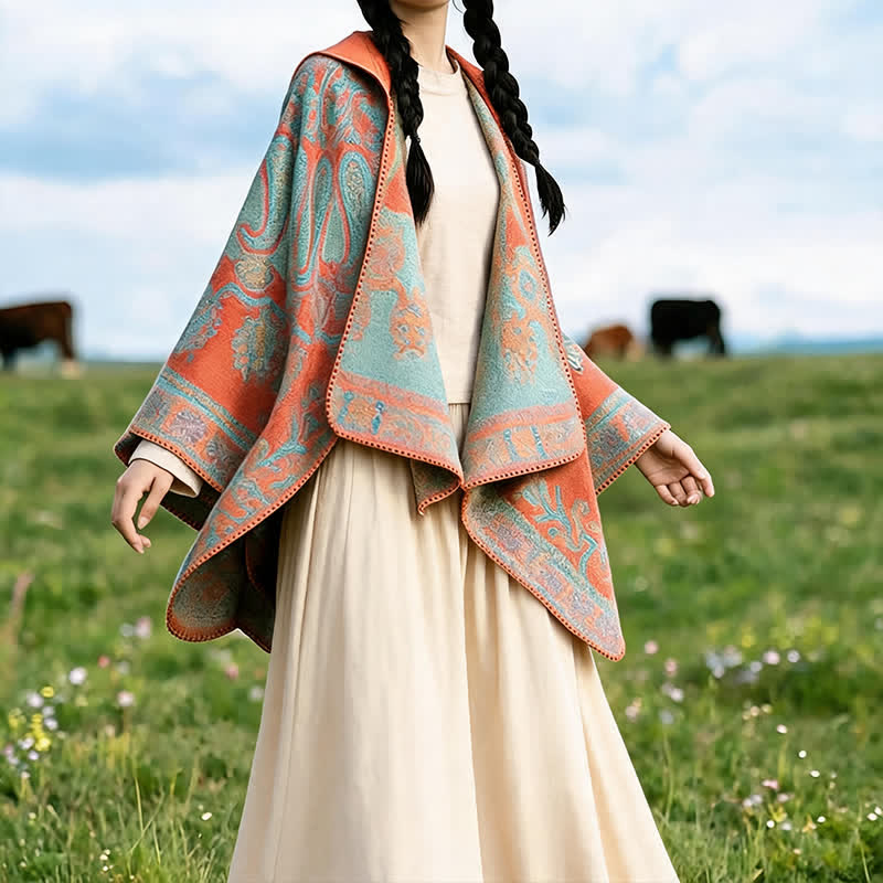 Buddha Stones Poncho/scialle stile boho con cappuccio, fantasia paisley geometrica, autunno/inverno. - image 1