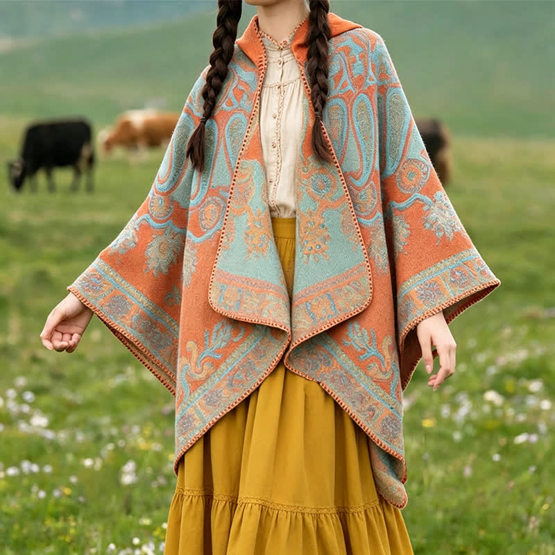 Buddha Stones Poncho/scialle stile boho con cappuccio, fantasia paisley geometrica, autunno/inverno. - Arancia - 130*150CM - image 0
