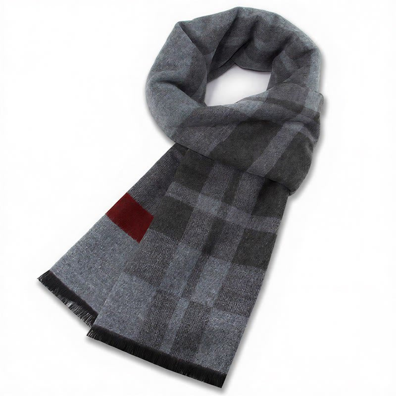Sciarpa da uomo classica autunno/inverno Buddha Stones a quadri grigi con frange, comoda e accogliente. - Quadri grigi e rossi - image 10