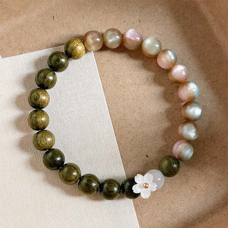 Buddha Stones Bracciale Serenity con ciondolo a forma di fiore occhio di gatto in legno di sandalo verde. - image 2