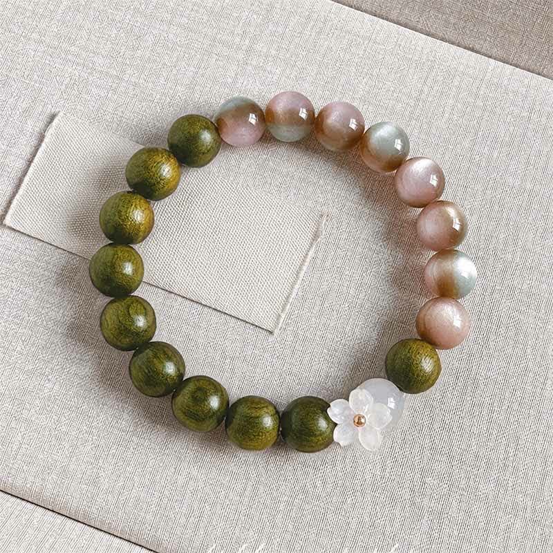 Buddha Stones Bracciale Serenity con ciondolo a forma di fiore occhio di gatto in legno di sandalo verde. - Perline rosa da 10 mm - image 8