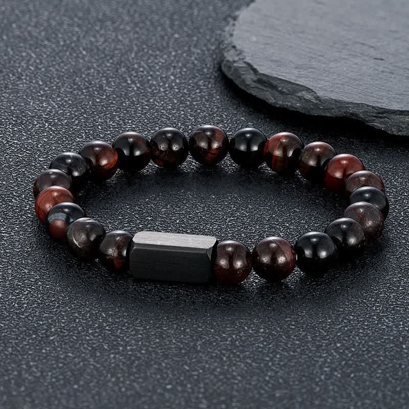 Buddha Stones Bracciale con barra in acciaio al titanio e pietre Black Goldstone. - Occhio di tigre rosso (Passione ♥ Energia) - 8 mm - image 9