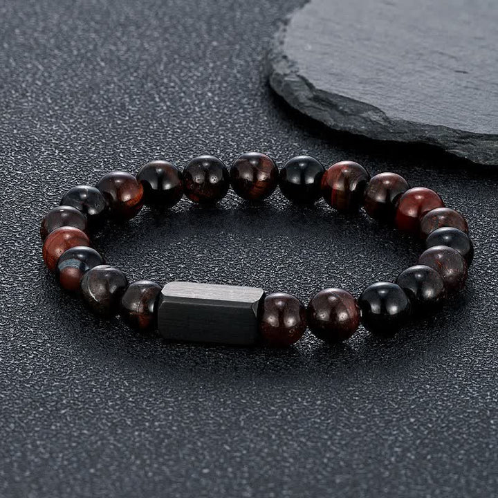 Buddha Stones Bracciale con barra in acciaio al titanio e pietre Black Goldstone. - Occhio di tigre rosso (Passione ♥ Energia) - 8 mm - image 9