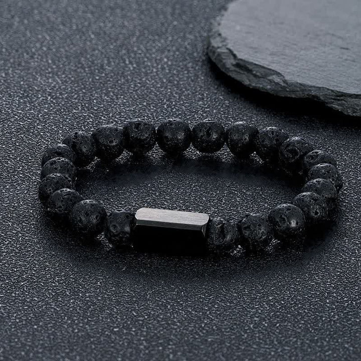 Buddha Stones Bracciale con barra in acciaio al titanio e pietre Black Goldstone. - Roccia lavica (radicamento ♥ protezione) - 8 mm - image 15