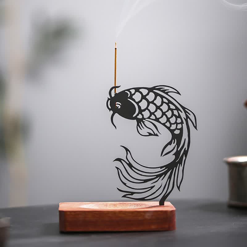 Buddha Stones Bruciatore di incenso Zen con base in legno a forma di carpa koi. - Testa di pesce koi in alto, base corta - image 5