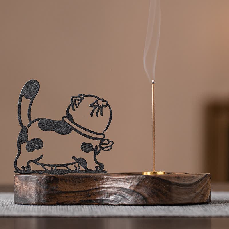 Buddha Stones Lampadario vintage a forma di gatto in ferro con base in legno, bruciatore di incenso per meditazione. - Vista laterale del gatto - image 0
