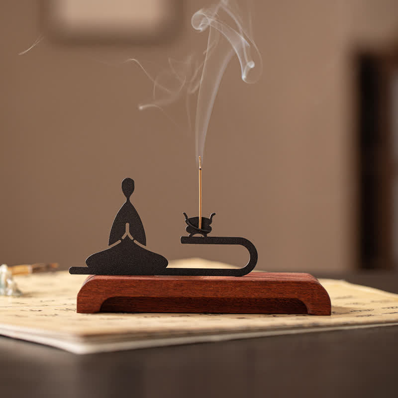 Buddha Stones Bruciatore di incenso da meditazione Zen Monk in legno naturale e ferro - Monaco in meditazione - image 0