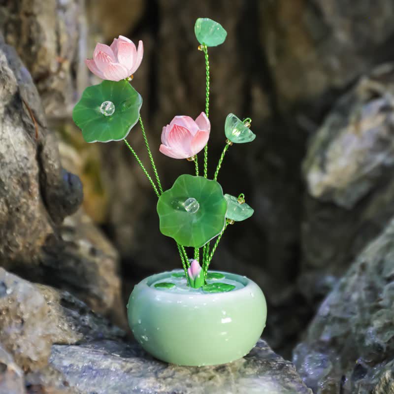 Buddha Stones Vaso profumato a forma di goccia di loto in resina, per una vita consapevole. - Verde - Due Lotus - image 0