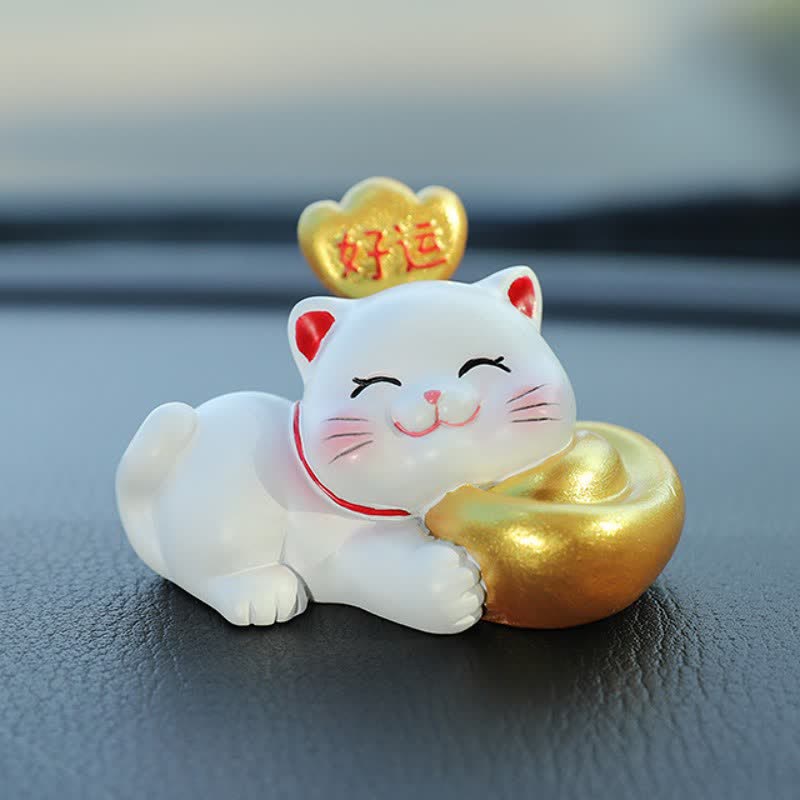 Buddha Stones Sacchetto portafortuna a forma di gatto in resina, decorazione a forma di animale carino per la prosperità - Buona fortuna - image 1