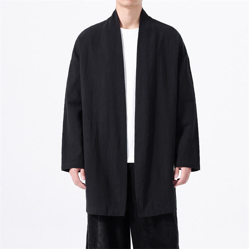 Buddha Stones Kimono da uomo primaverile, casual e minimalista, in tinta unita, in cotone. - Nero - US/UK/AU46, EU56 (5XL) - image 8