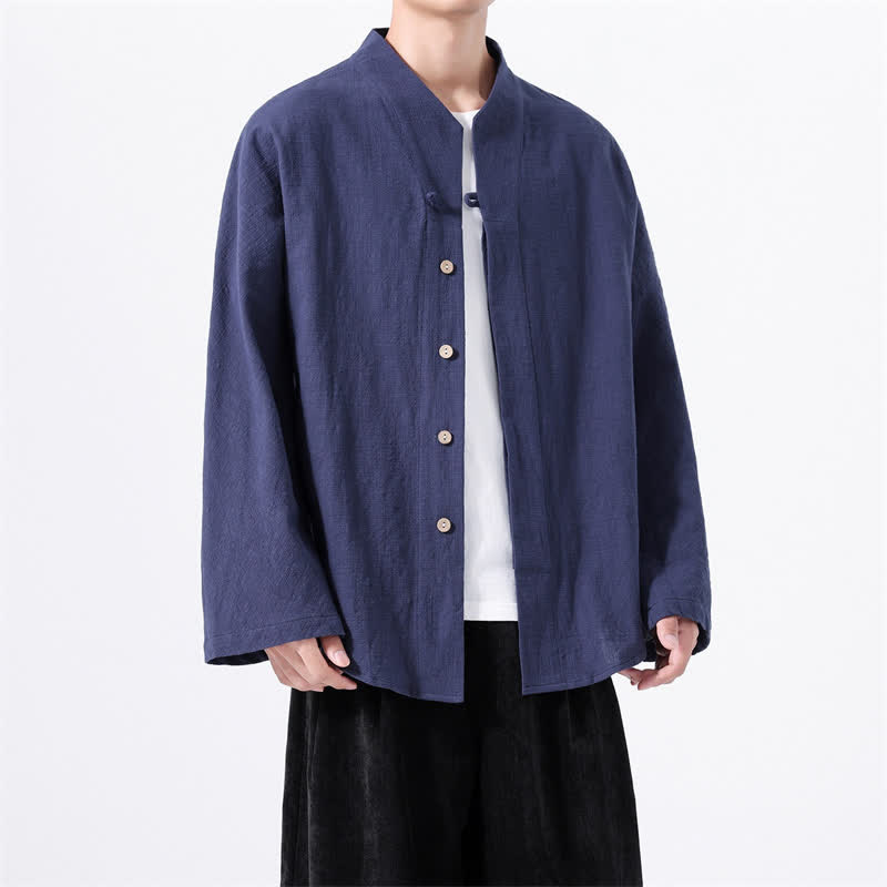 Buddha Stones Camicia da uomo a maniche lunghe in cotone tinta unita, stile Tang, minimalista, con colletto alla coreana, ideale per l'autunno. - Marina - US/UK/AU46, EU56 (5XL) - image 0