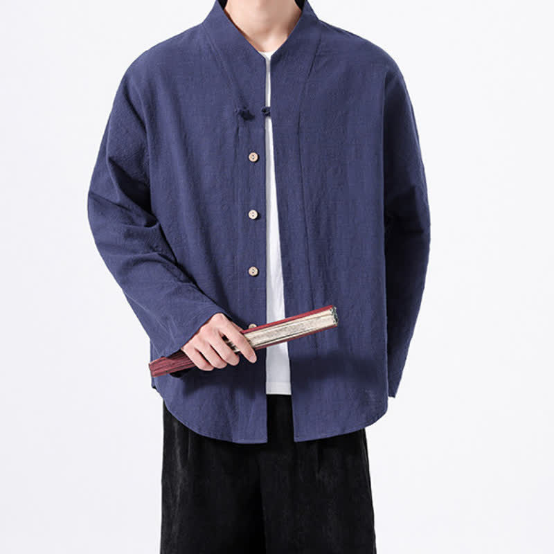 Buddha Stones Camicia da uomo a maniche lunghe in cotone tinta unita, stile Tang, minimalista, con colletto alla coreana, ideale per l'autunno. - image 1