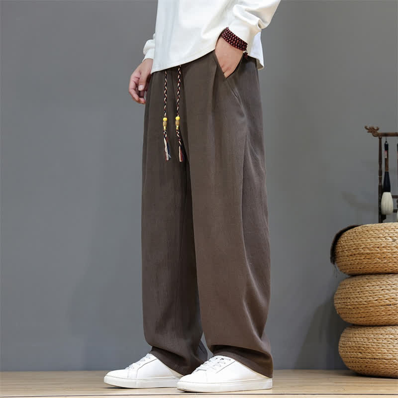 Buddha Stones Pantaloni lunghi da uomo a gamba dritta, tinta unita, con coulisse, ideali per autunno/inverno, con tasche. - Marrone sella - US/UK/AU46, EU56 (5XL) - image 0