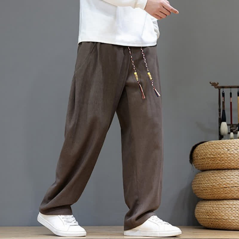 Buddha Stones Pantaloni lunghi da uomo a gamba dritta, tinta unita, con coulisse, ideali per autunno/inverno, con tasche. - image 1