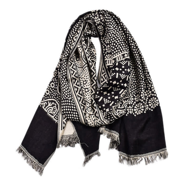 Sciarpa da uomo reversibile, accogliente, con motivo geometrico paisley e nappe, ispirata Buddha Stones, ideale per l'autunno e l'inverno. - Nero - Circa 25,6 pollici × 77,0 pollici / 65 × 195 cm - image 8