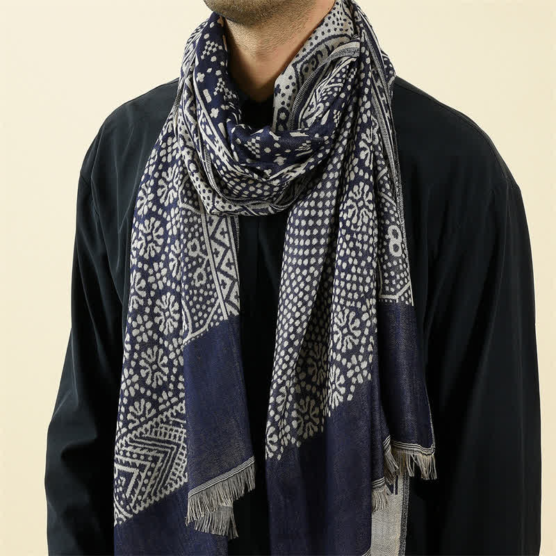 Buddha Stones Sciarpa reversibile con nappe e motivo geometrico paisley, perfetta per l'autunno e l'inverno. - Marina - Circa 25,6 pollici × 77,0 pollici / 65 × 195 cm - image 0