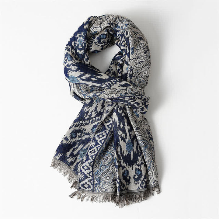 Buddha Stones Sciarpa reversibile autunno/inverno con motivo paisley geometrico e nappe - Acciaio Blu Circa 25,6 pollici × 70,9 pollici / 65 × 180 cm - image 9