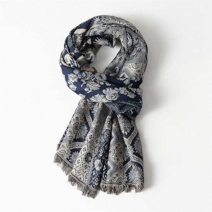 Sciarpa da uomo reversibile autunno/inverno con motivo paisley geometrico e nappe, ispirata Buddha Stones. - Blu navy, circa 25,6 pollici × 70,9 pollici / 65 × 180 cm - image 1