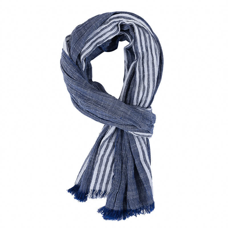 Buddha Stones Sciarpa da viaggio a righe con blocchi di colore e nappine, ideale per primavera e autunno. - Blu navy - Circa 27,6 pollici × 70,9 pollici / 70 × 180 cm - image 4