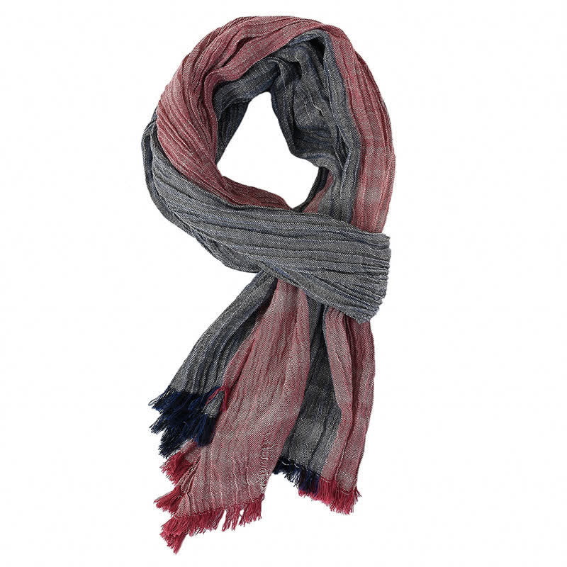 Sciarpa da uomo da viaggio con motivo a righe e blocchi di colore, con nappe, ispirata a Buddha Stones per primavera e autunno. - Borgogna - Circa 27,6 pollici × 70,9 pollici / 70 × 180 cm - image 1