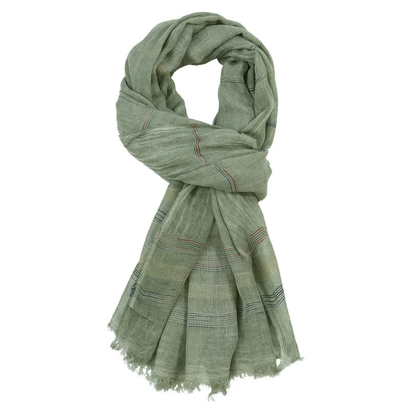 Buddha Stones Sciarpa a righe sottili con nappe sfrangiate, tonalità terra, per primavera e autunno. - Verde Mare Scuro - Circa 35,4 pollici × 74,8 pollici / 90 × 190 cm - image 2