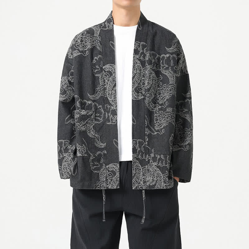 Buddha Stones Kimono da uomo primaverile vintage con coulisse e stampa di draghi e nuvole, con tasche. - Nero - US/UK/AU46, EU56 (3XL) - image 8