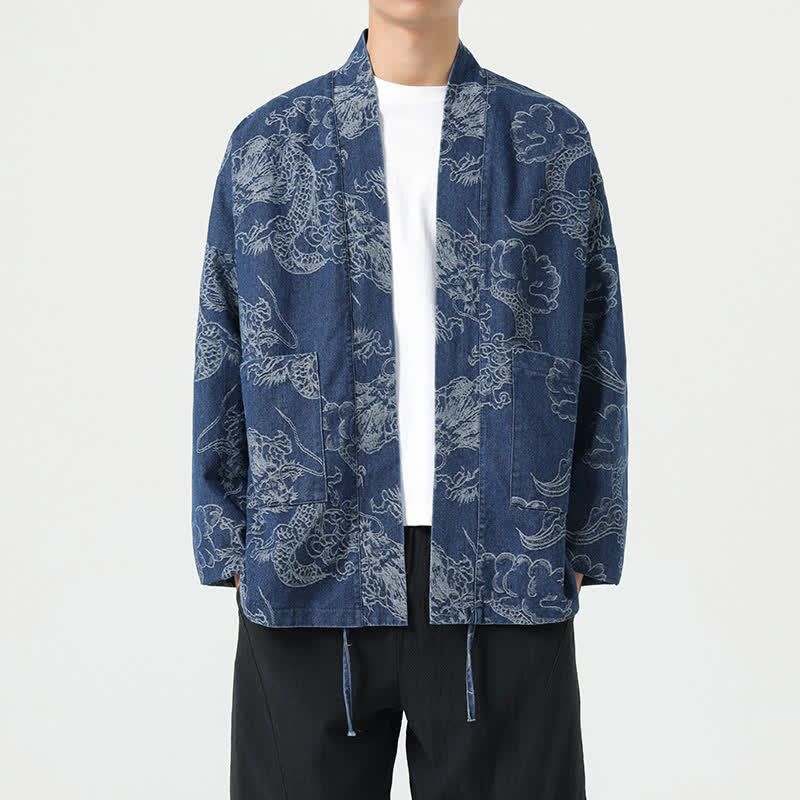 Buddha Stones Kimono da uomo primaverile vintage con coulisse e stampa di draghi e nuvole, con tasche. - SteelBlue - US/UK/AU46, EU56 (3XL) - image 0