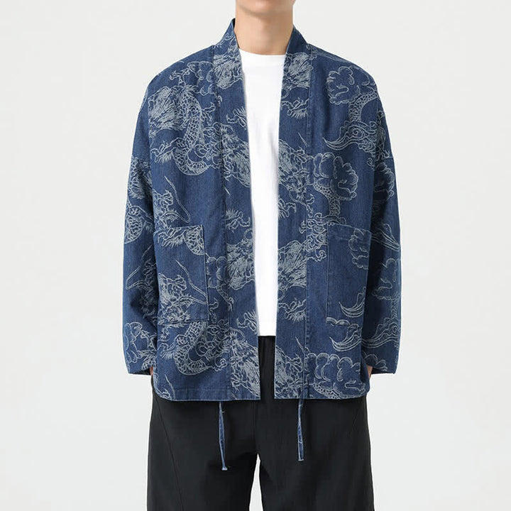 Buddha Stones Kimono da uomo primaverile vintage con coulisse e stampa di draghi e nuvole, con tasche. - SteelBlue - US/UK/AU46, EU56 (3XL) - image 0