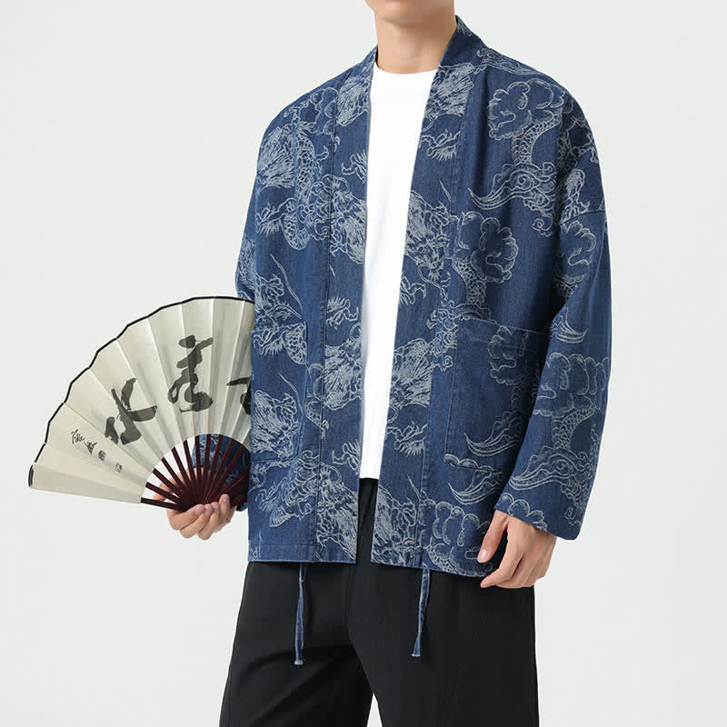 Buddha Stones Kimono da uomo primaverile vintage con coulisse e stampa di draghi e nuvole, con tasche. - image 1