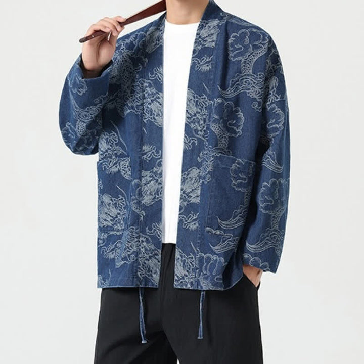 Buddha Stones Kimono da uomo primaverile vintage con coulisse e stampa di draghi e nuvole, con tasche. - image 6