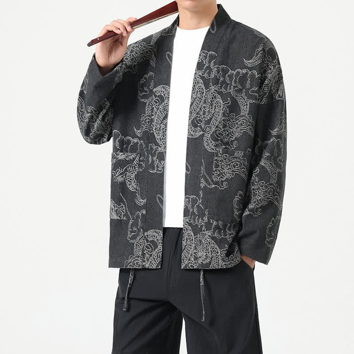 Buddha Stones Kimono da uomo primaverile vintage con coulisse e stampa di draghi e nuvole, con tasche. - image 15