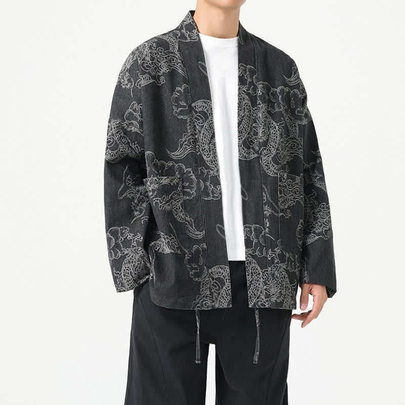 Buddha Stones Kimono da uomo primaverile vintage con coulisse e stampa di draghi e nuvole, con tasche. - image 13