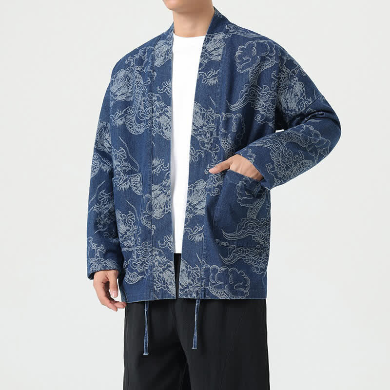 Buddha Stones Kimono da uomo primaverile vintage con coulisse e stampa di draghi e nuvole, con tasche. - image 3