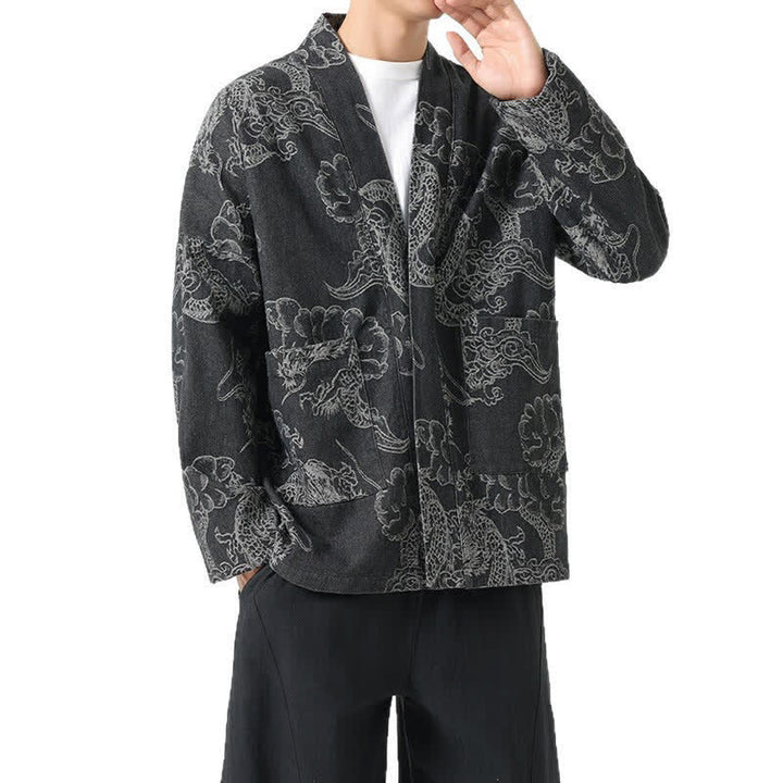 Buddha Stones Kimono da uomo primaverile vintage con coulisse e stampa di draghi e nuvole, con tasche. - image 10