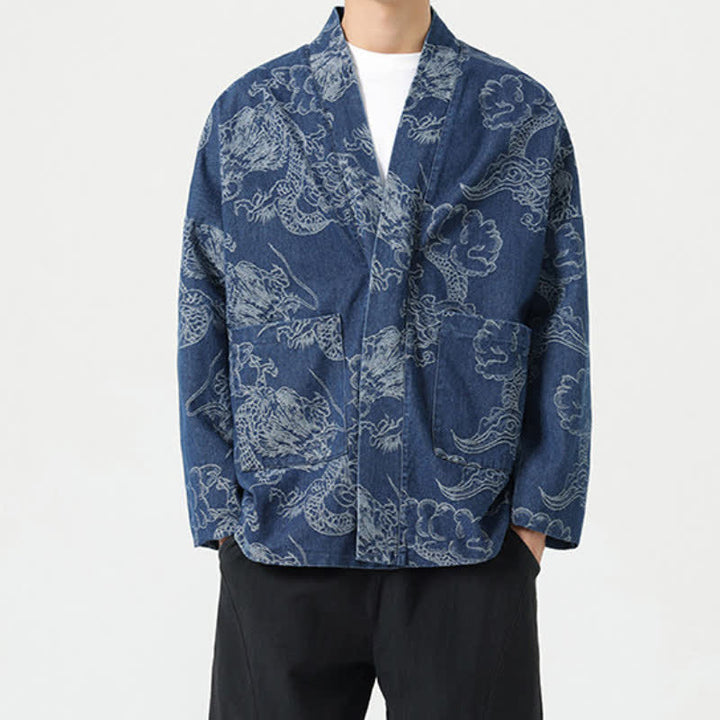 Buddha Stones Kimono da uomo primaverile vintage con coulisse e stampa di draghi e nuvole, con tasche. - image 2