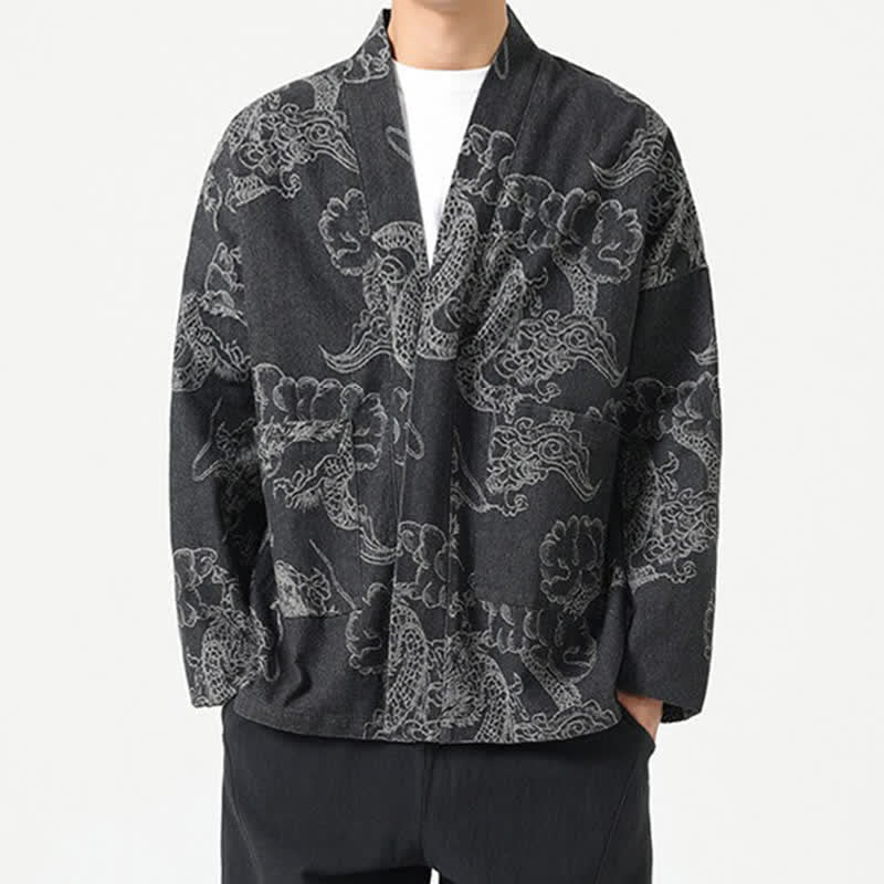 Buddha Stones Kimono da uomo primaverile vintage con coulisse e stampa di draghi e nuvole, con tasche. - image 17