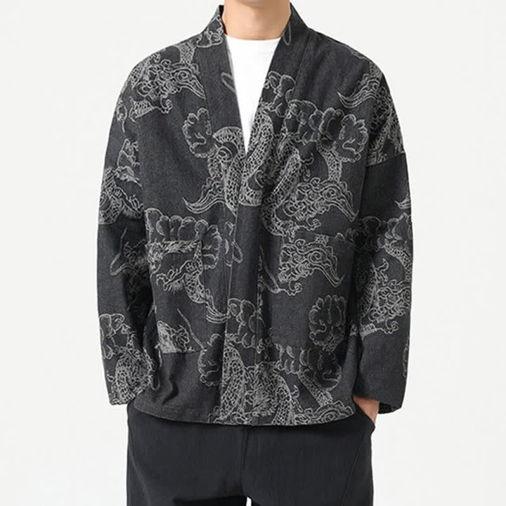 Buddha Stones Kimono da uomo primaverile vintage con coulisse e stampa di draghi e nuvole, con tasche. - image 17