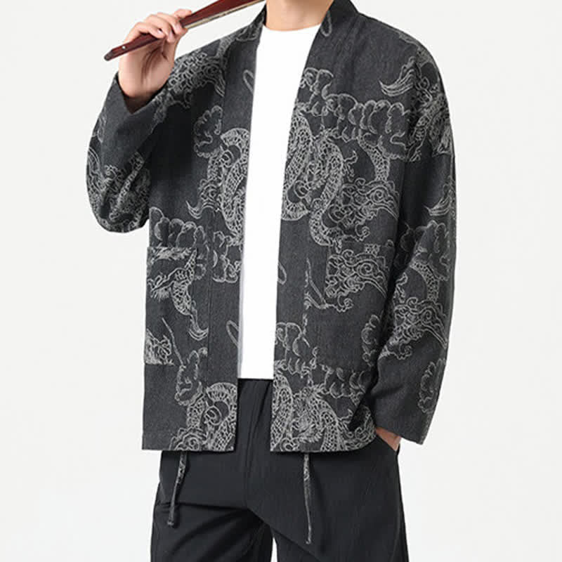 Buddha Stones Kimono da uomo primaverile vintage con coulisse e stampa di draghi e nuvole, con tasche. - image 19