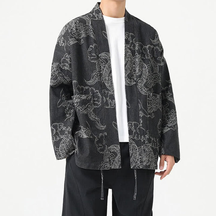 Buddha Stones Kimono da uomo primaverile vintage con coulisse e stampa di draghi e nuvole, con tasche. - image 18