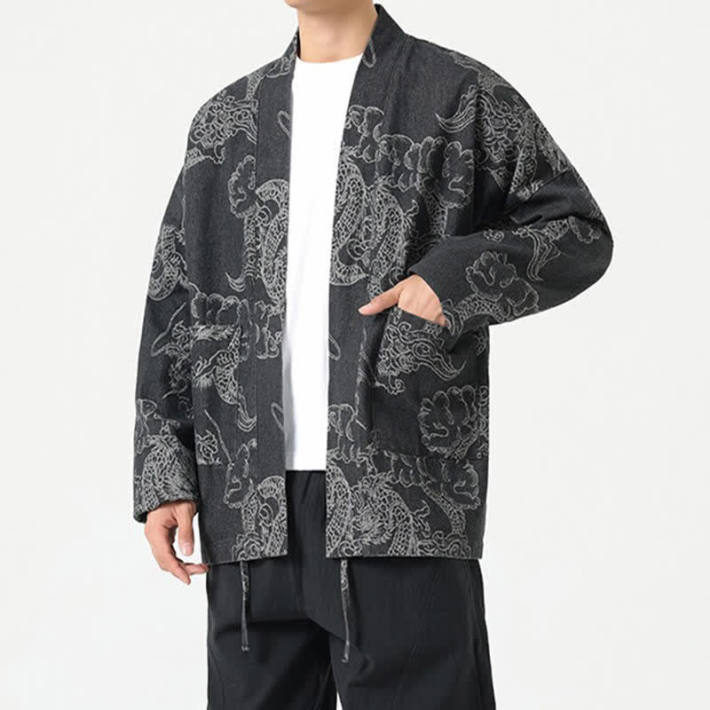Buddha Stones Kimono da uomo primaverile vintage con coulisse e stampa di draghi e nuvole, con tasche. - image 11