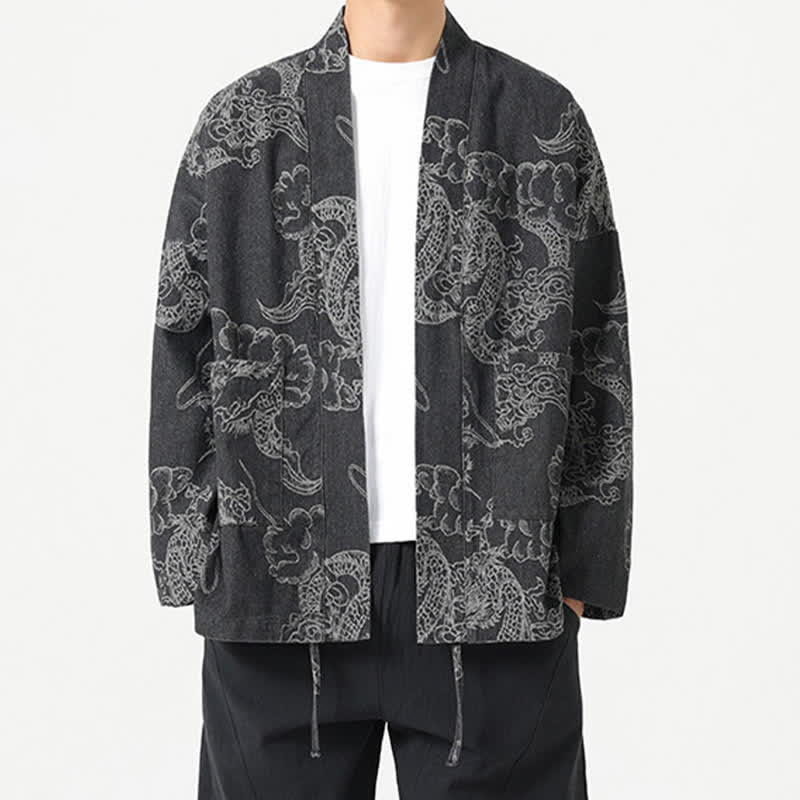 Buddha Stones Kimono da uomo primaverile vintage con coulisse e stampa di draghi e nuvole, con tasche. - image 14