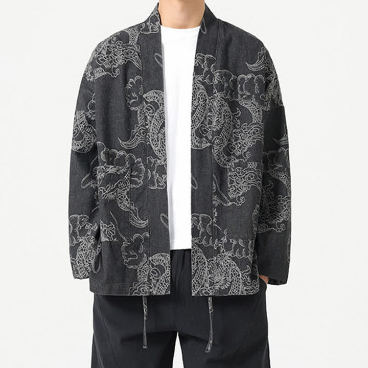 Buddha Stones Kimono da uomo primaverile vintage con coulisse e stampa di draghi e nuvole, con tasche. - image 14
