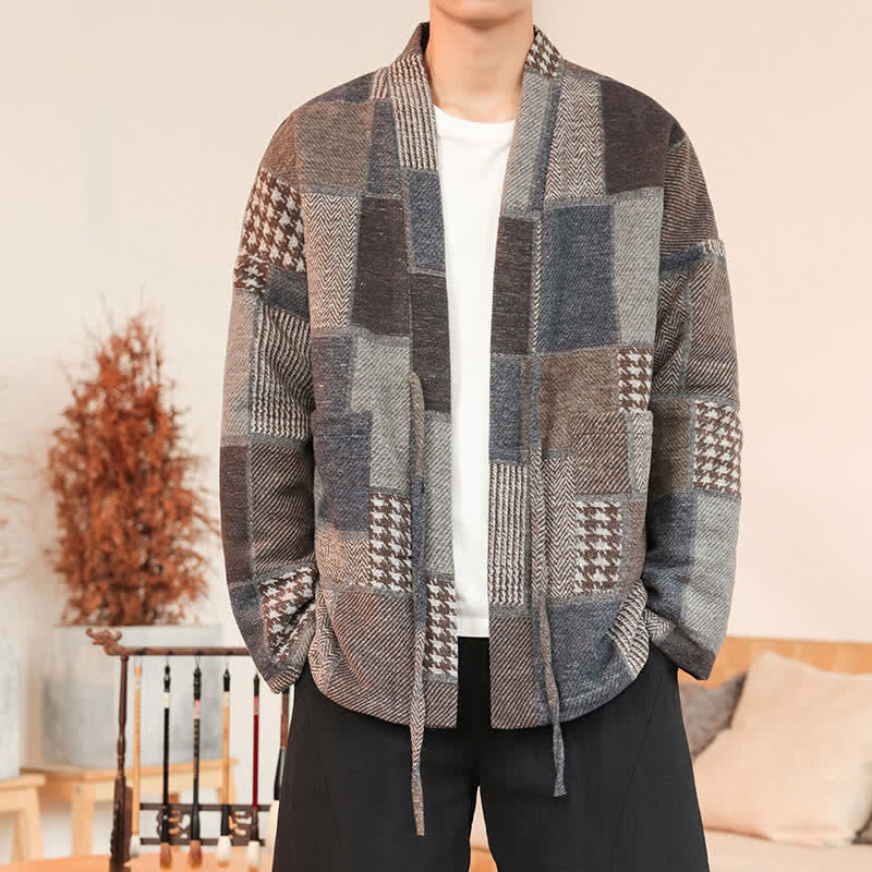 Buddha Stones Kimono da uomo casual vintage con coulisse, motivo a quadri e patchwork, con tasche, ideale per autunno/inverno. - image 1