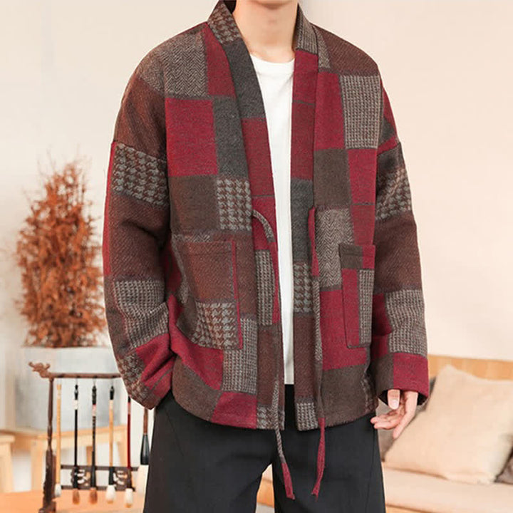 Buddha Stones Kimono da uomo casual vintage con coulisse, motivo a quadri e patchwork, con tasche, ideale per autunno/inverno. - image 22