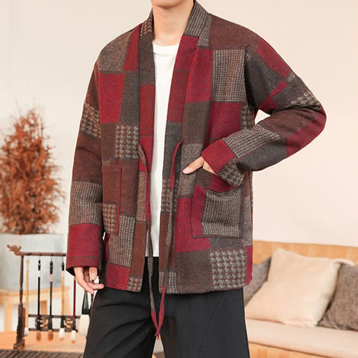 Buddha Stones Kimono da uomo casual vintage con coulisse, motivo a quadri e patchwork, con tasche, ideale per autunno/inverno. - image 23